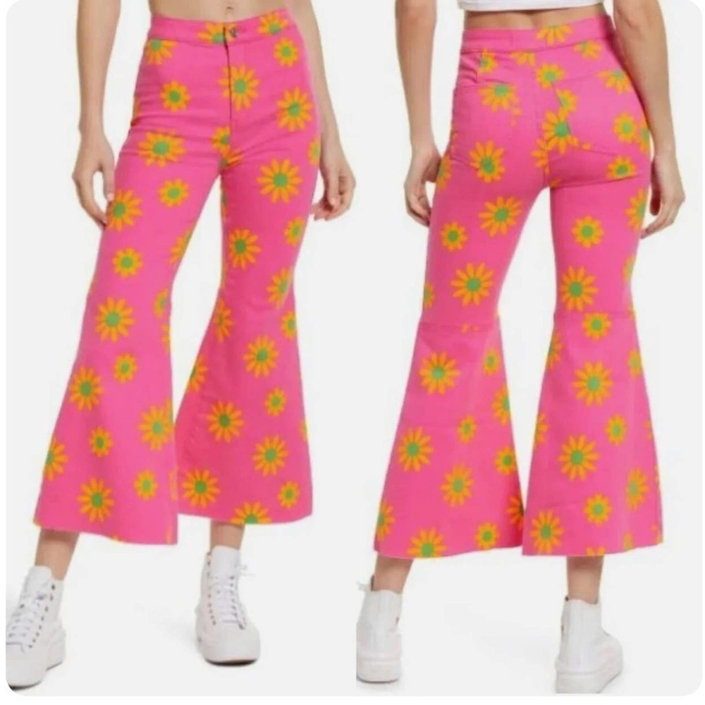 We the Free People Youthquake Printed Crop Flare Jeans 31 Lipstick Pink